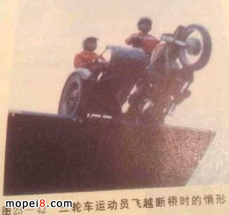 三輪車運(yùn)動員飛越斷橋時(shí)的情形